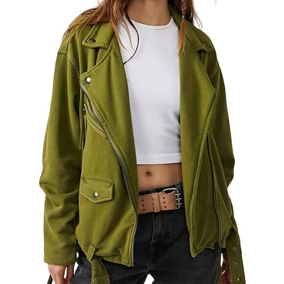 Free People Women's Olive Green Rebel Rebel Knit Moto Jacket Size Large NEW - Picture 1 of 3